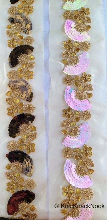 Wholesale Gold Sheer Fabric Trim With Antique Gold Floral Embroidery And Pink White Two Tone Sequins Embellishments, Sequin Border